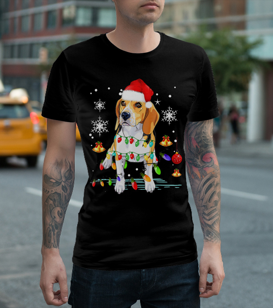 Beagle Dog Wrapped in Christmas Lights with Santa Hat and Holiday Bells T-Shirt