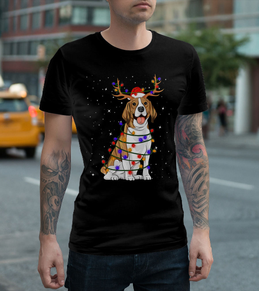 Beagle Wrapped in Colorful Christmas Lights with Reindeer Antlers and Santa Hat in Starry Night T-Shirt