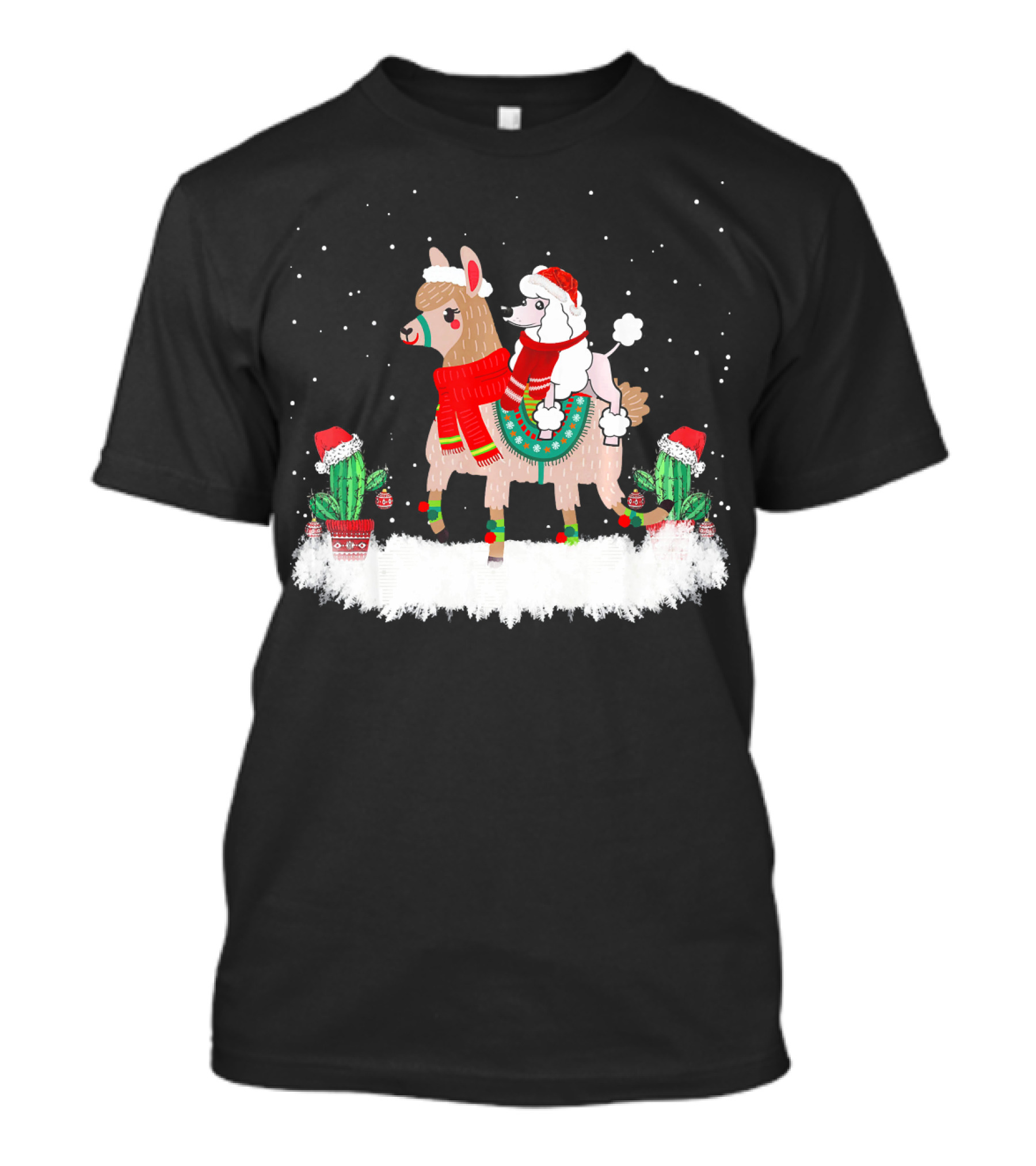 Cute Poodle In Santa Hat Riding Festive Llama In Snow With Cacti T-Shirt