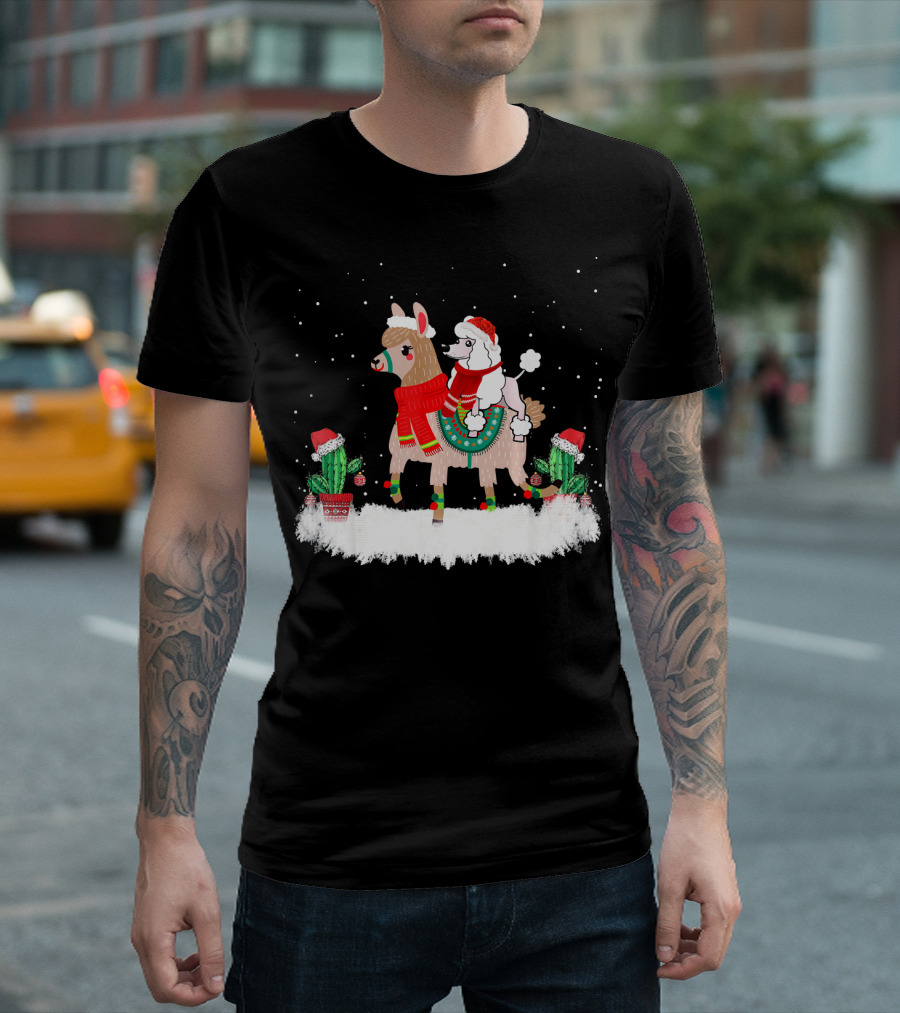 Cute Poodle In Santa Hat Riding Festive Llama In Snow With Cacti T-Shirt