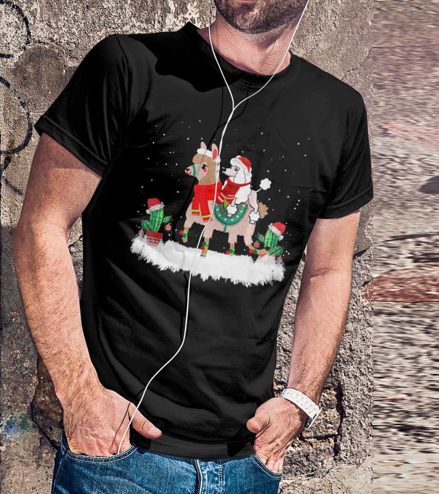 Cute Poodle In Santa Hat Riding Festive Llama In Snow With Cacti T-Shirt