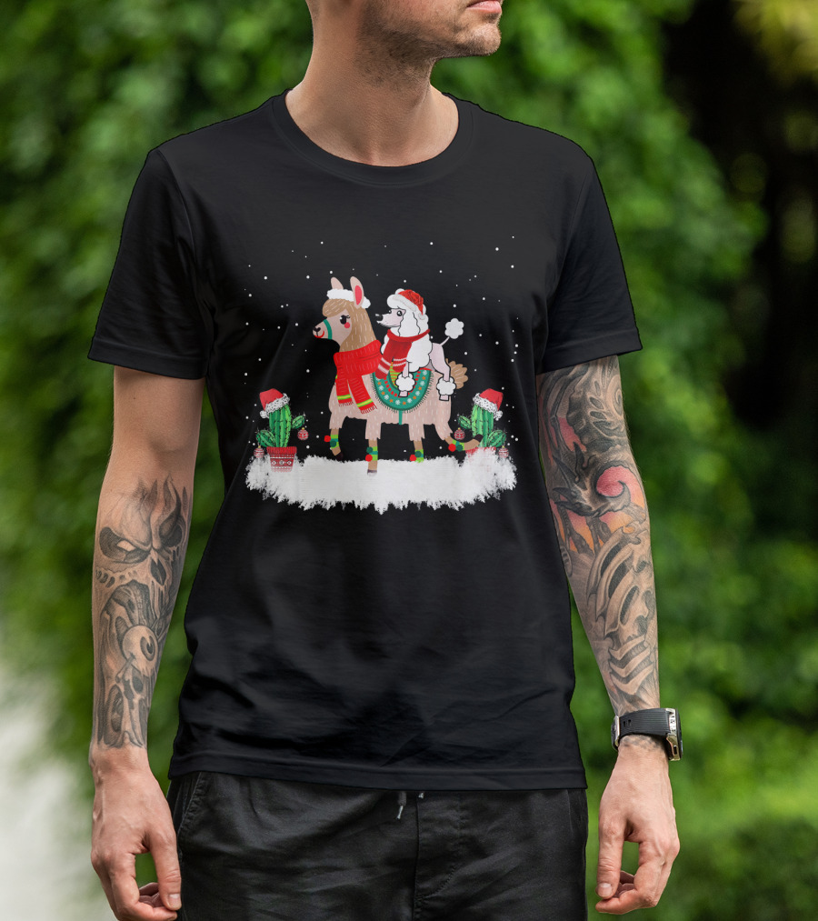 Cute Poodle In Santa Hat Riding Festive Llama In Snow With Cacti T-Shirt