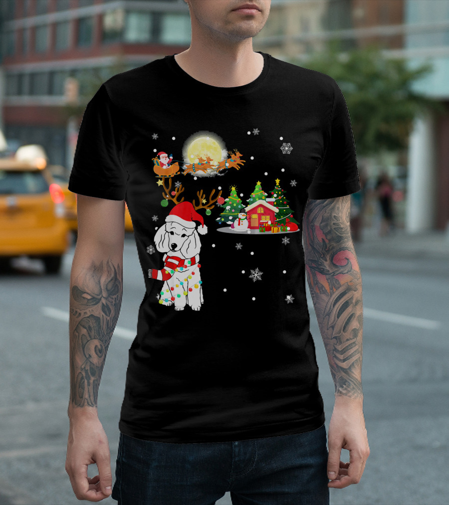 Santa's Poodle Reindeer in Christmas Wonderland with Snowflakes and Festive Trees T-Shirt