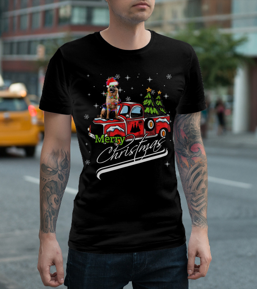 Merry Christmas Cute German Shepherd on Red Truck with Christmas Trees T-Shirt