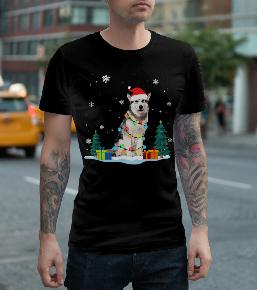 Christmas Siberian Husky with Santa Hat Lights Trees and Snowflakes T-Shirt