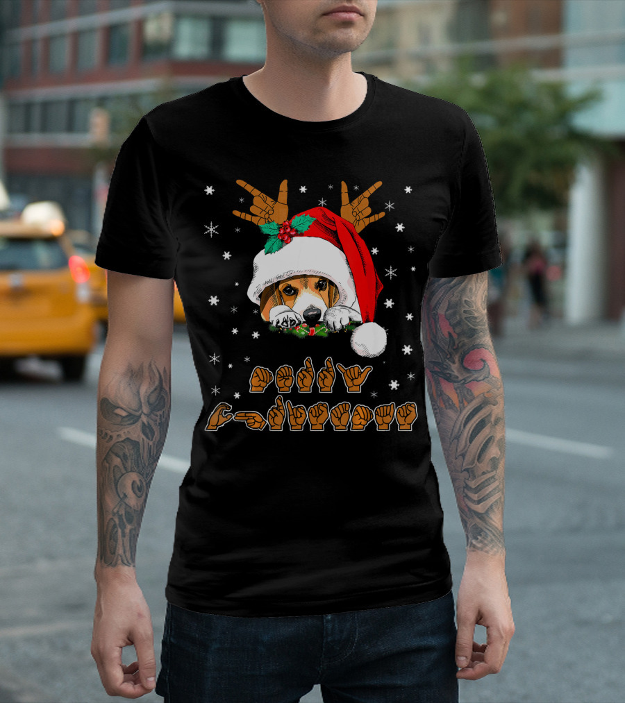 Beagle Dog Santa Hat ASL Sign Language Merry Christmas Deaf T-Shirt