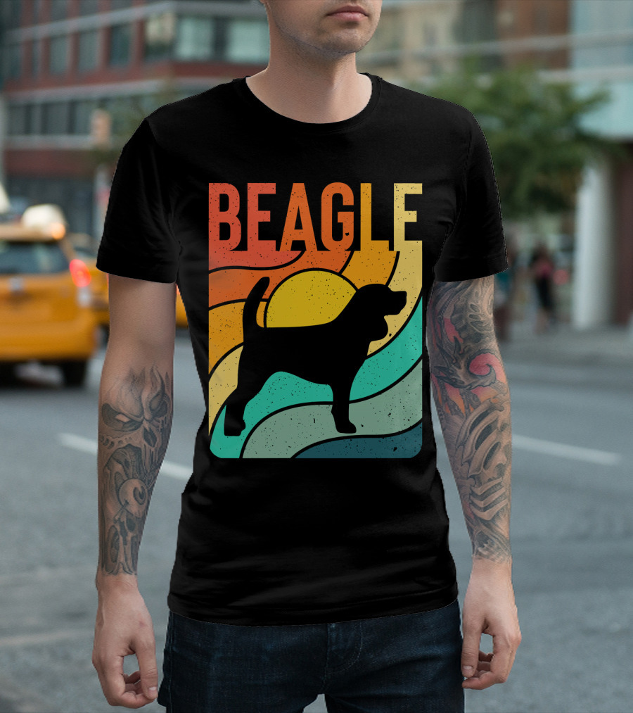Beagle Silhouette Retro Sunset Vintage Rainbow Waves T-Shirt