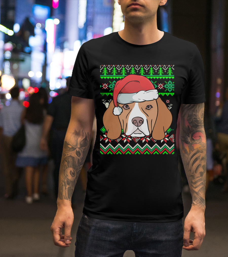 Animal Dog Ugly Christmas Beagle Santa Hat T-Shirt