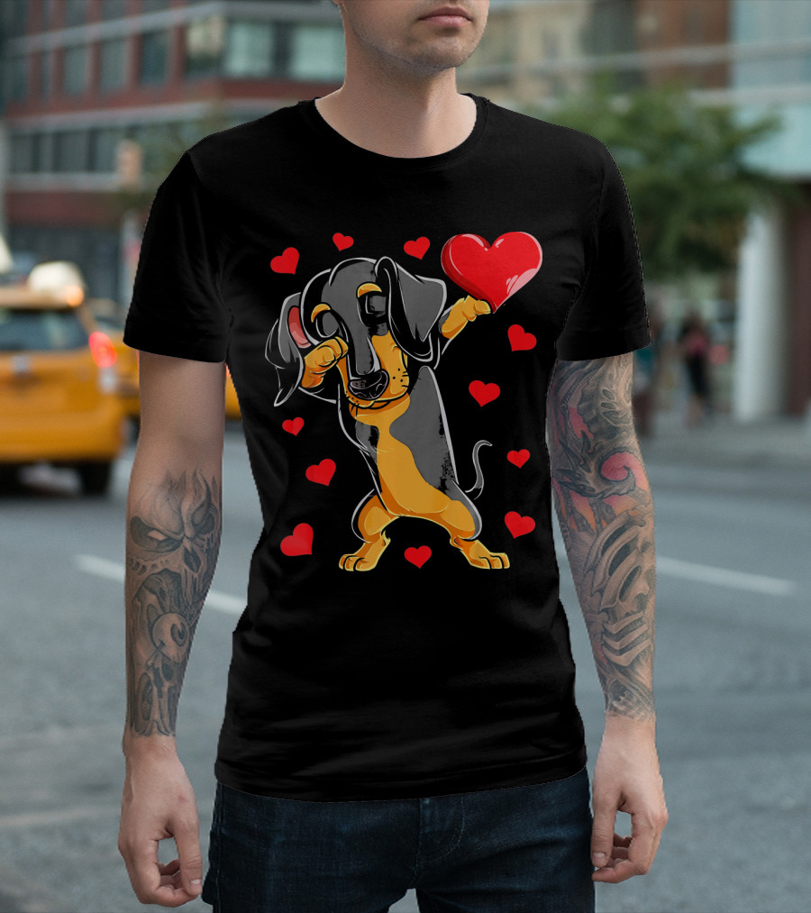 Dabbing Dachshund Holding Heart Surrounded By Valentines Day Hearts T-Shirt