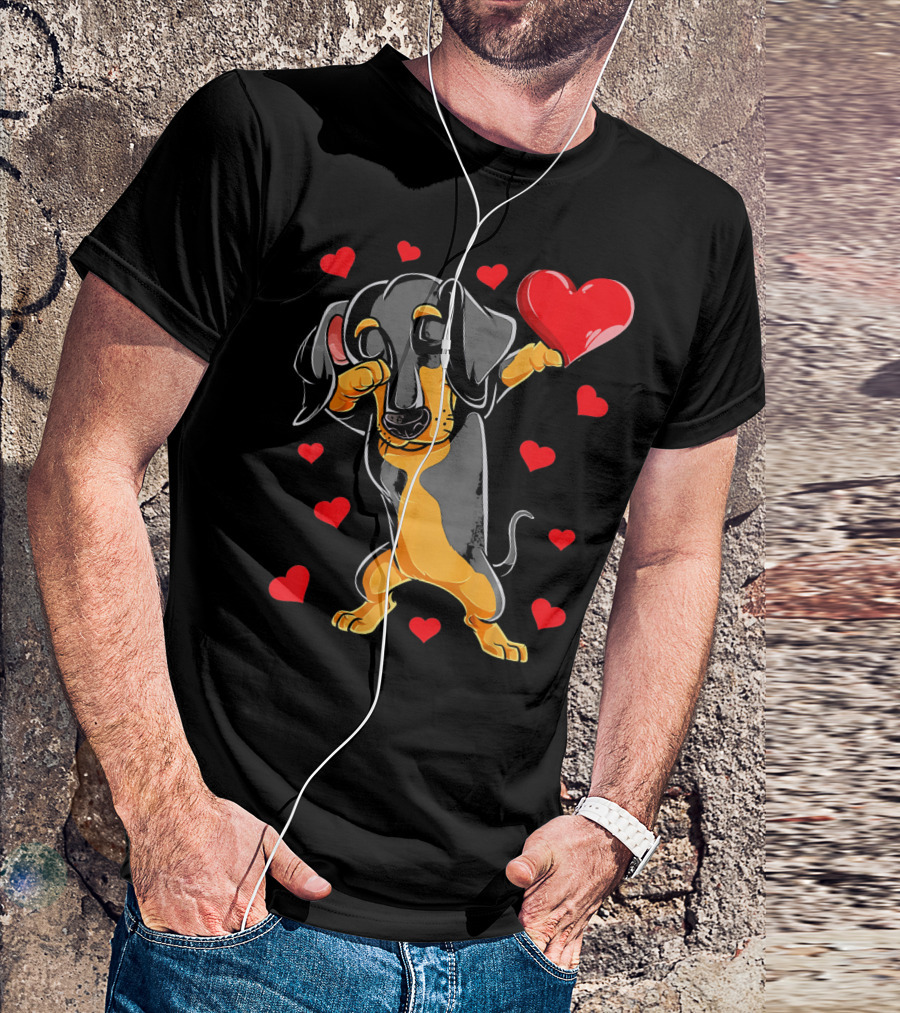 Dabbing Dachshund Holding Heart Surrounded By Valentines Day Hearts T-Shirt