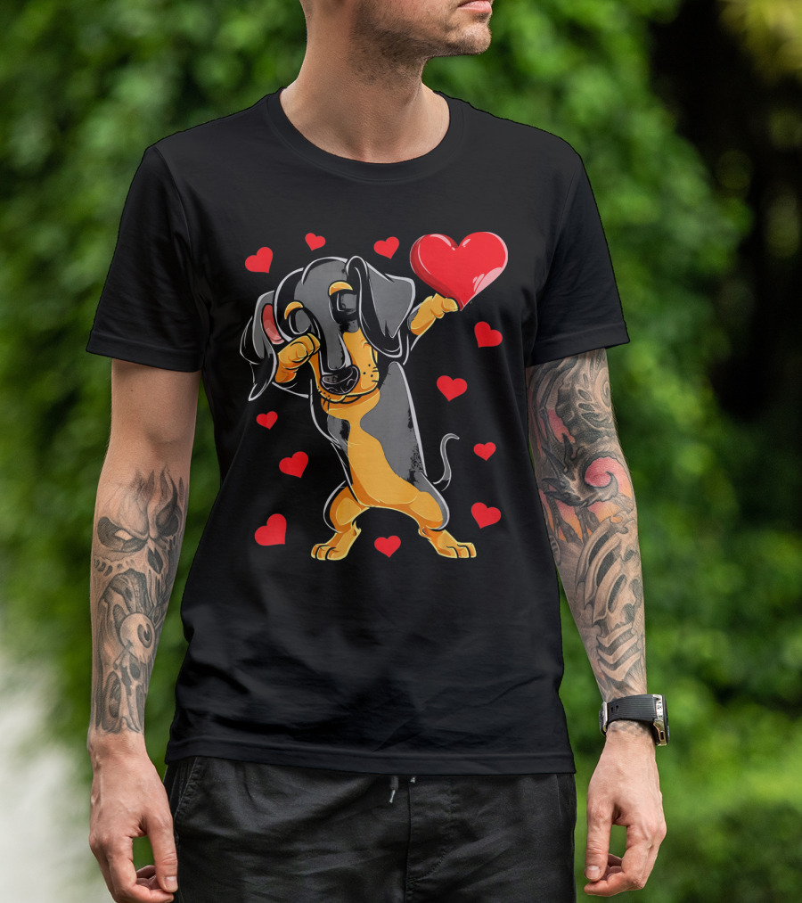 Dabbing Dachshund Holding Heart Surrounded By Valentines Day Hearts T-Shirt
