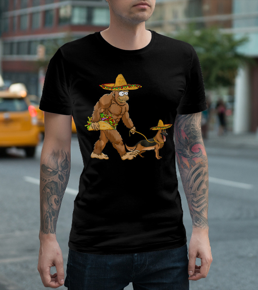 Bigfoot Taco Sombrero German Shepherd Walking Mexican Hat T-Shirt