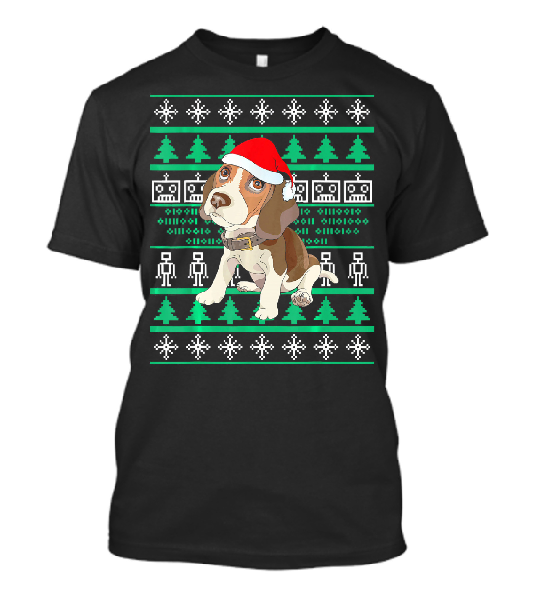 Cute Beagle Christmas Santa Hat With Holiday Trees And Snowflakes T-Shirt