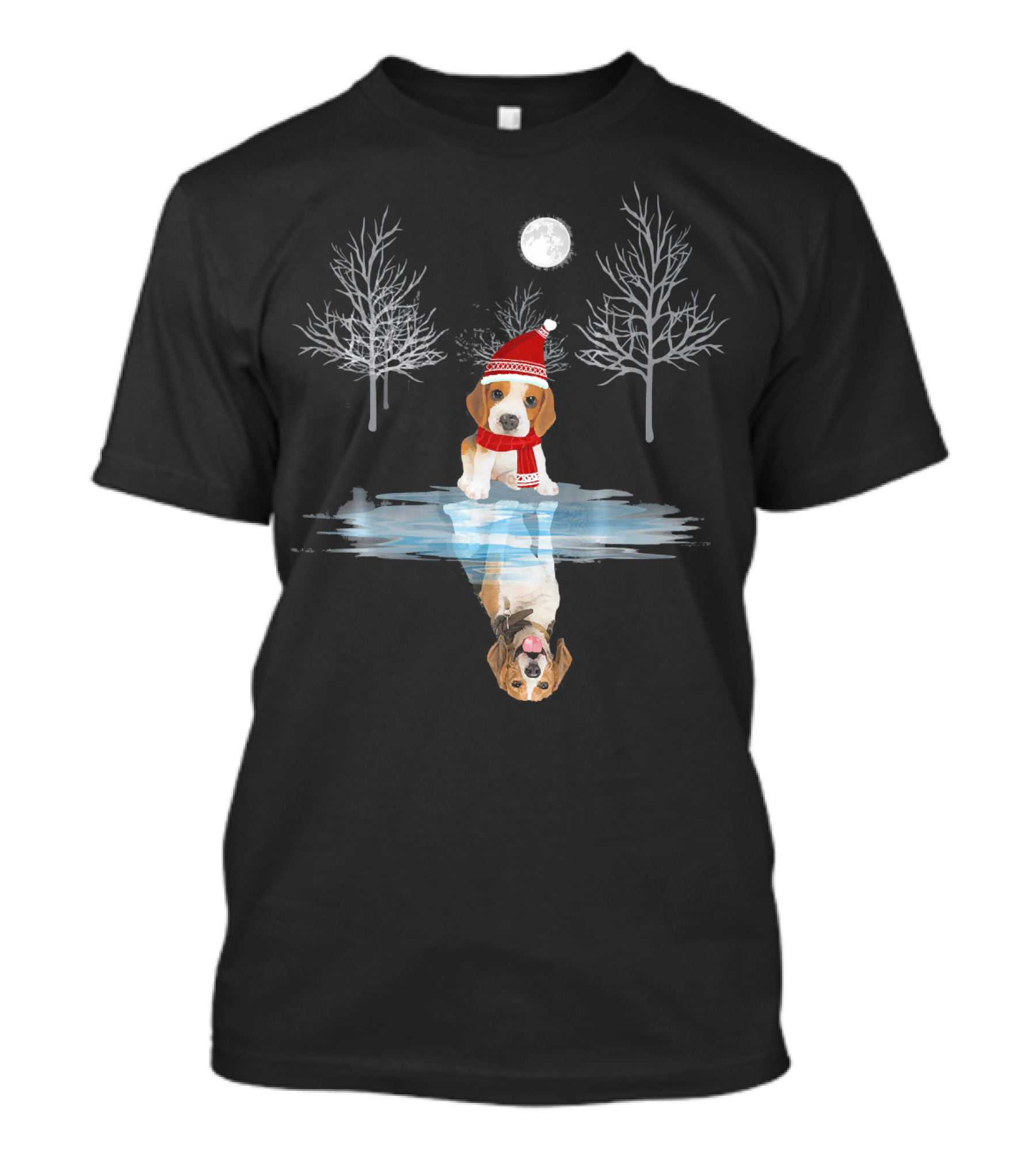 Cute Beagle Dog Reflection Christmas Holiday With Winter Trees And Moon T-Shirt