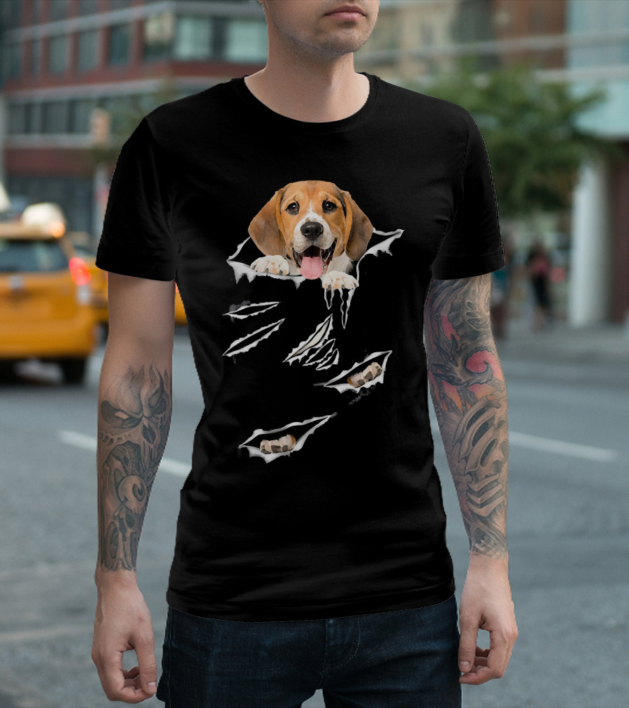 Beagle Scratch Torn with Beagle Head and Paw Peeking Through Tear Marks T-Shirt