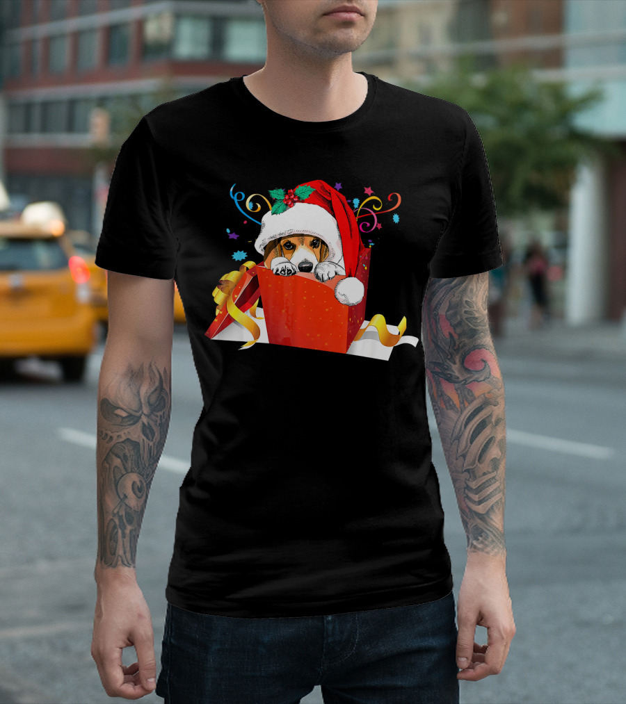 Beagle Wearing Santa Hat Inside Festive Christmas Gift Box T-Shirt