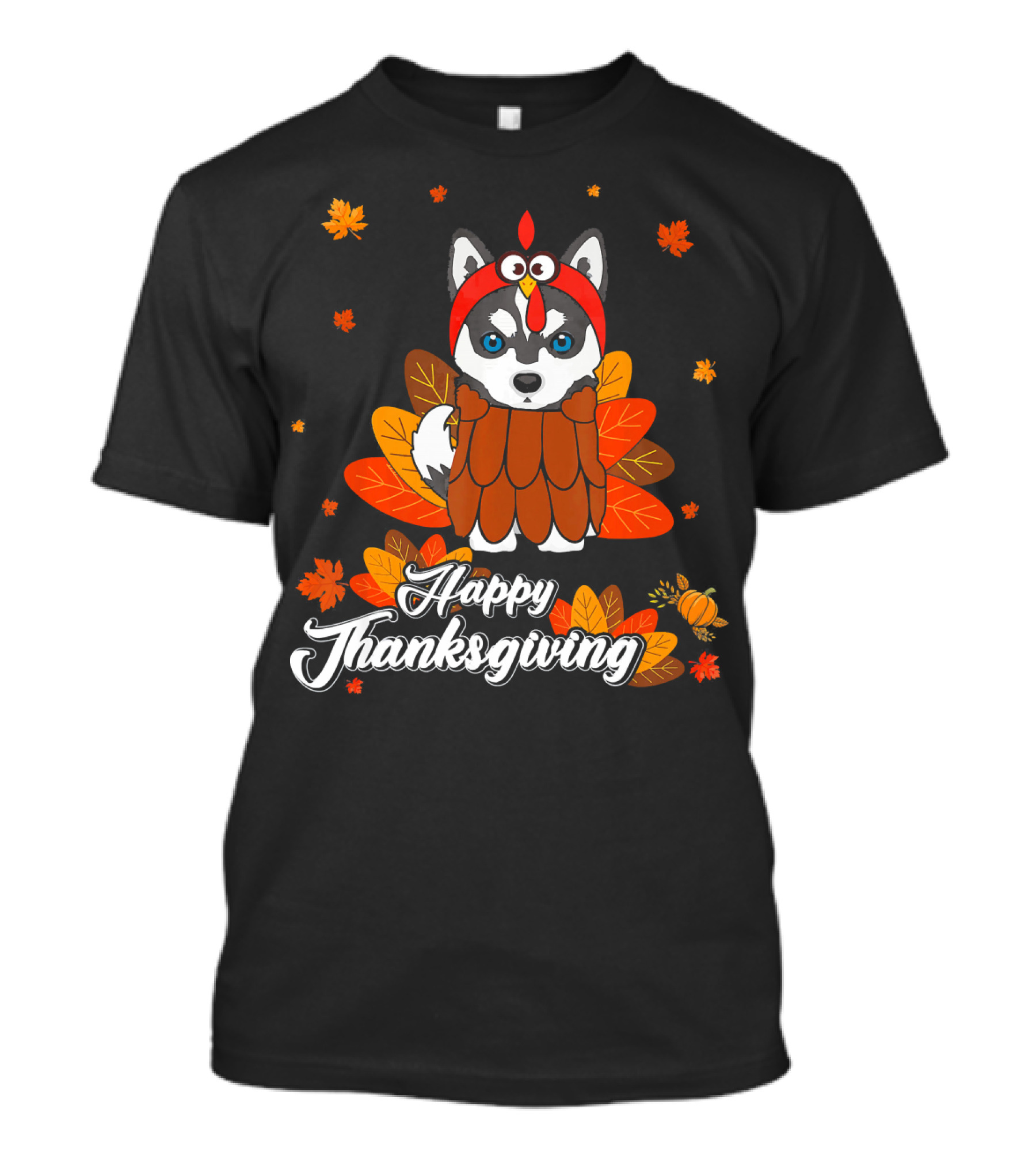 Happy Thanksgiving Siberian Husky In Turkey Costume With Autumn Leaves T-Shirt
