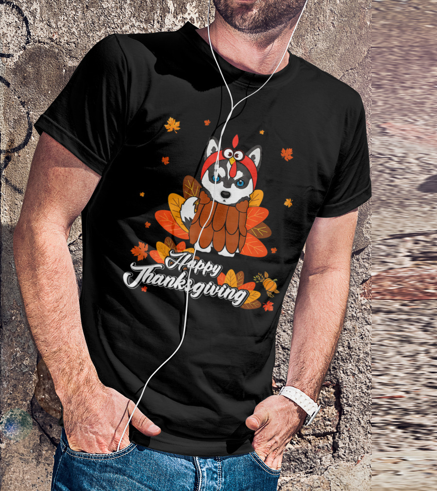 Happy Thanksgiving Siberian Husky In Turkey Costume With Autumn Leaves T-Shirt