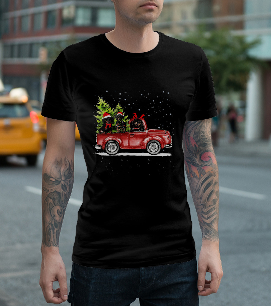 Festive Christmas Three Dachshunds in Red Car with Trees and Snow T-Shirt