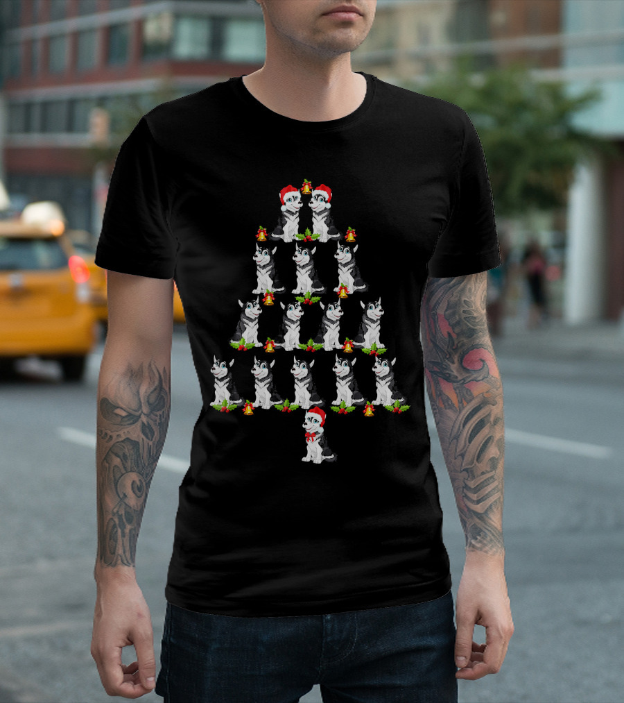 Cute Husky Santa Hat Christmas Tree With Bells And Holly T-Shirt