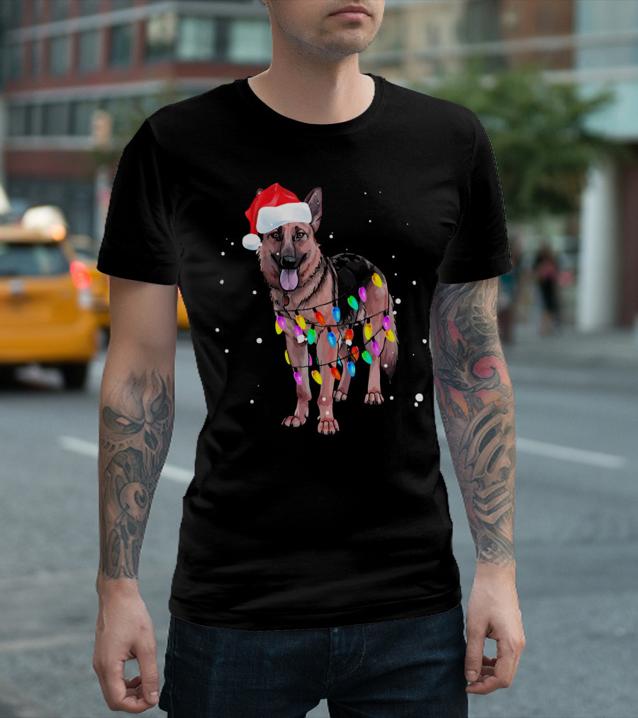 German Shepherd With Christmas Lights And Santa Hat T-Shirt