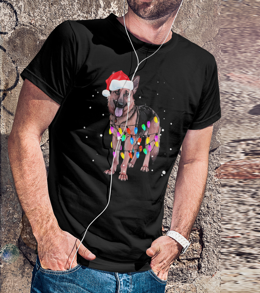 German Shepherd With Christmas Lights And Santa Hat T-Shirt