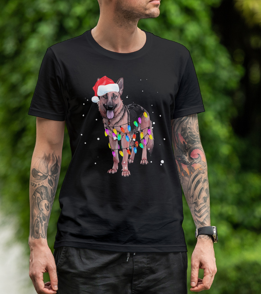 German Shepherd With Christmas Lights And Santa Hat T-Shirt