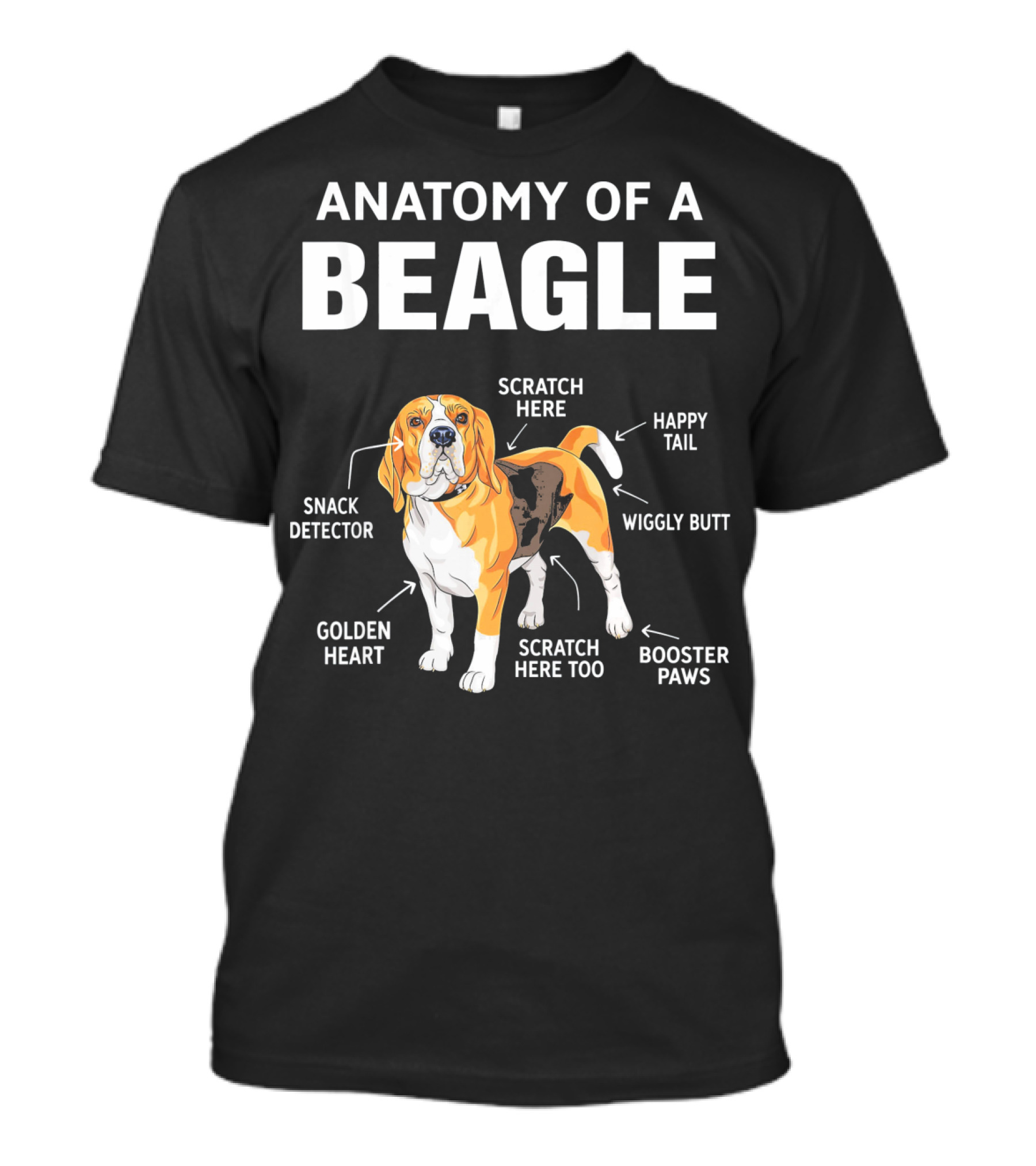 Anatomy Of A Beagle Happy Tail Wiggly Butt Snack Detector Golden Heart Scratch Here Booster Paws T-Shirt