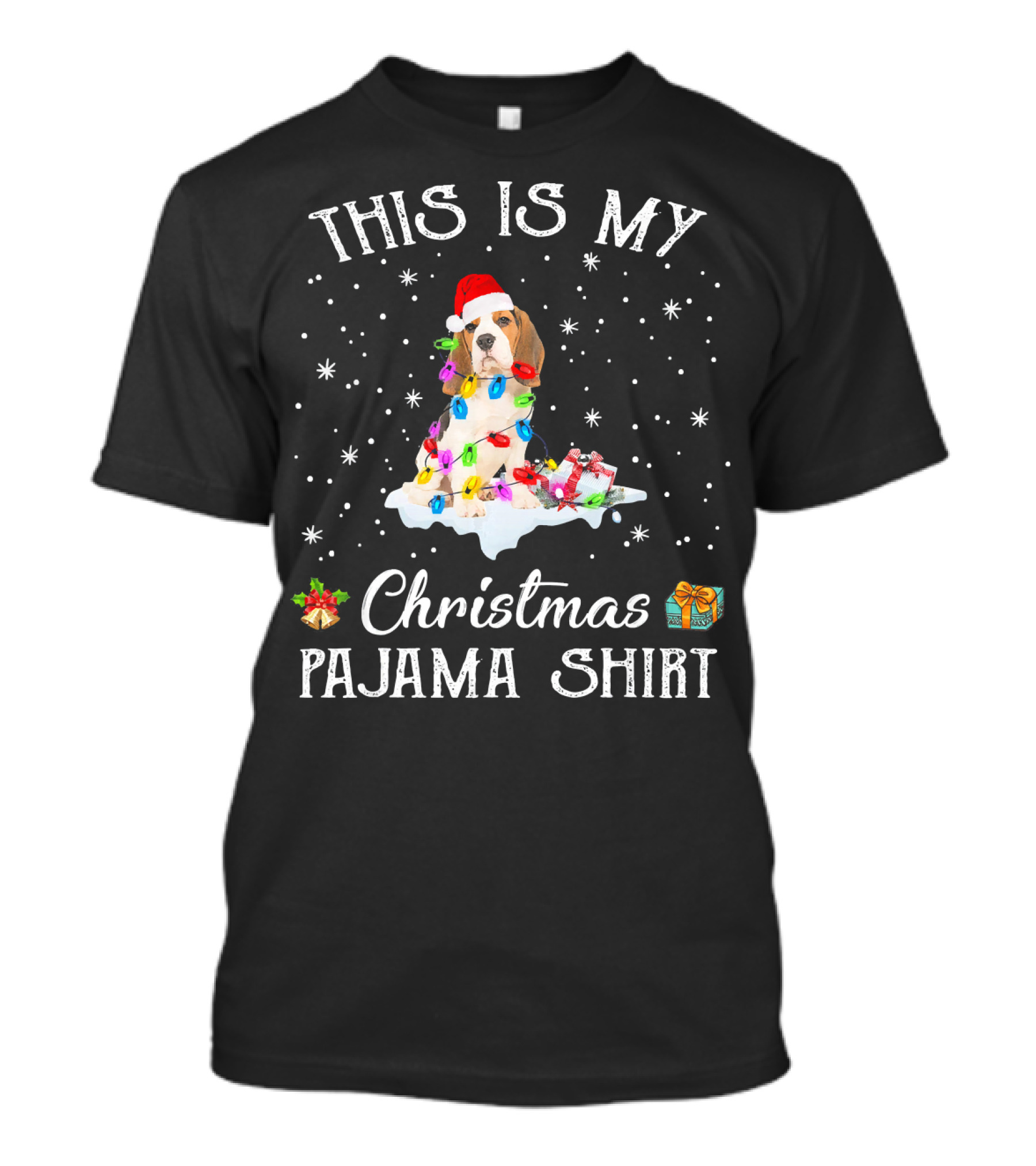 This Is My Christmas Pajama Shirt Beagle Santa Hat Lights Snowflakes T-Shirt