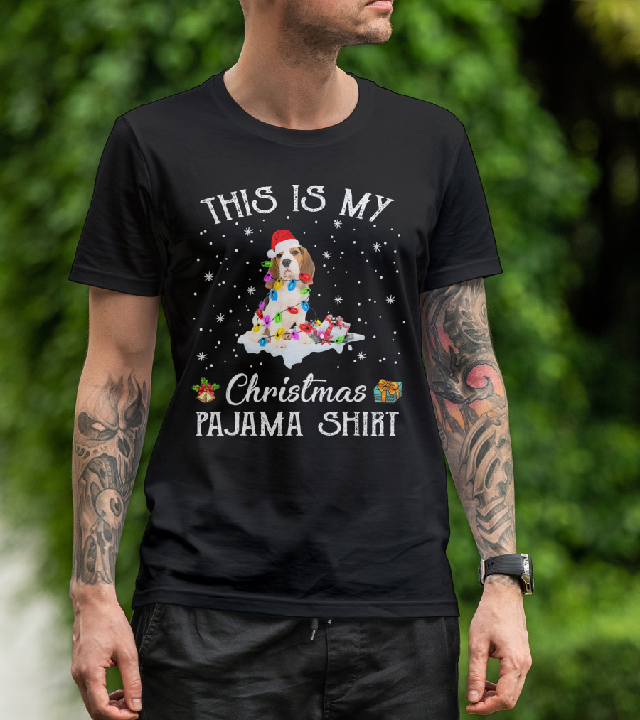 This Is My Christmas Pajama Shirt Beagle Santa Hat Lights Snowflakes T-Shirt