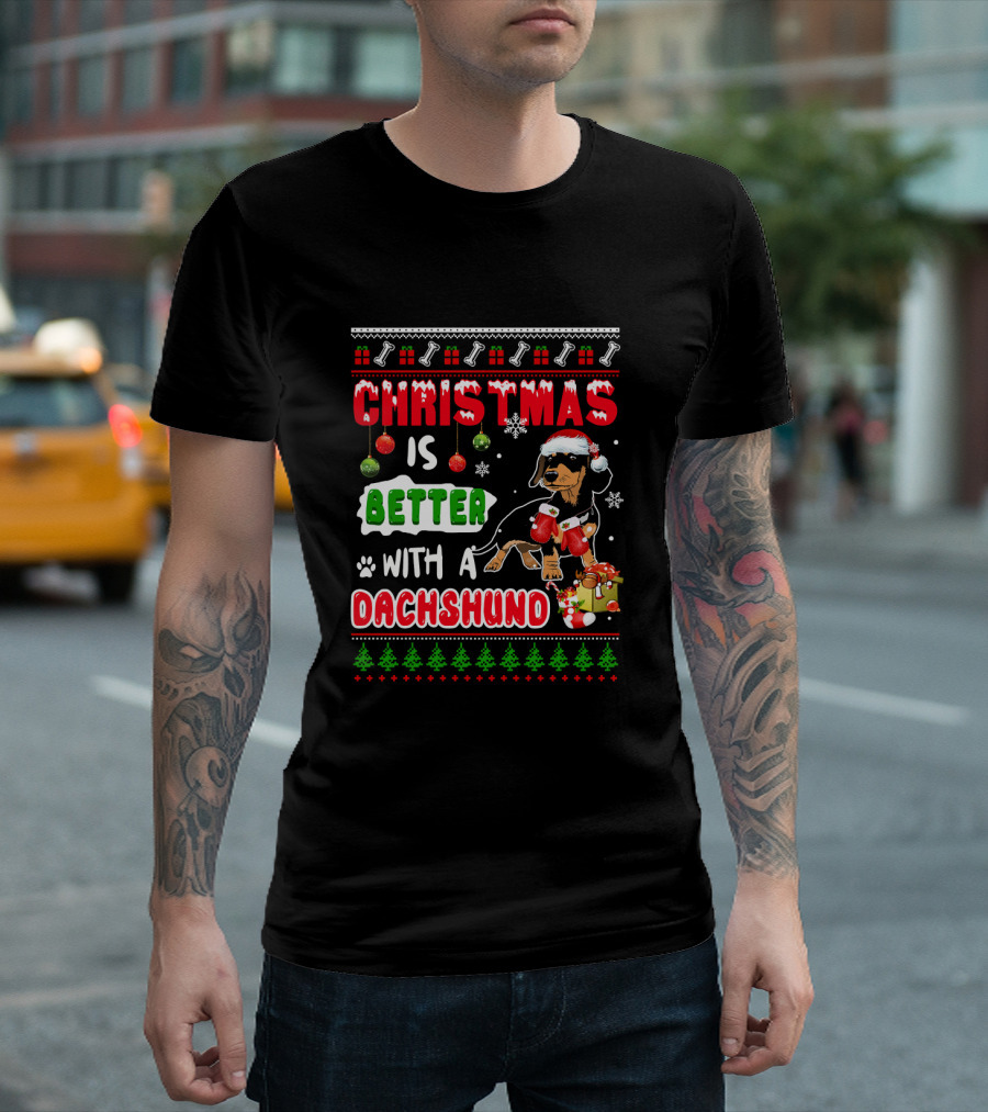 Christmas Is Better With A Dachshund Snowflakes Ornaments Paw Prints Santa Hat Gifts T-Shirt