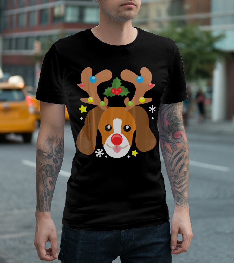 Beagle Dog Reindeer Antlers Christmas Holiday Snowflakes Stars T-Shirt