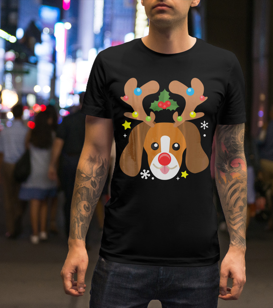 Beagle Dog Reindeer Antlers Christmas Holiday Snowflakes Stars T-Shirt
