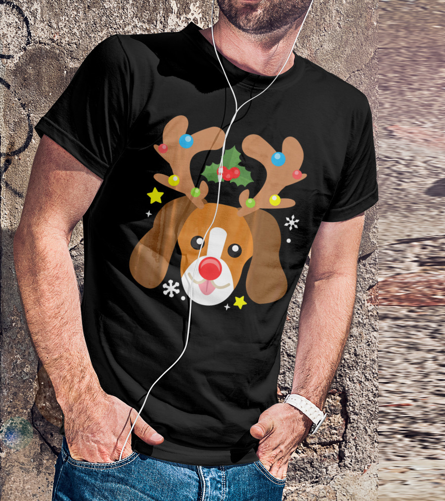 Beagle Dog Reindeer Antlers Christmas Holiday Snowflakes Stars T-Shirt