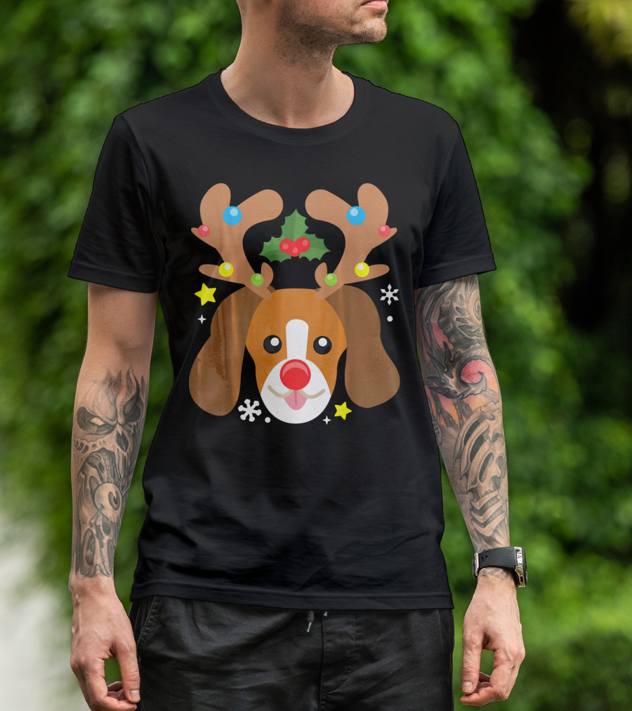 Beagle Dog Reindeer Antlers Christmas Holiday Snowflakes Stars T-Shirt