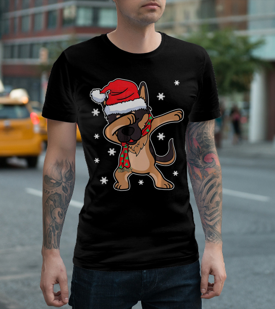 Dabbing Dab German Shepherd Dog Christmas Santa Hat Scarf Snowflakes T-Shirt