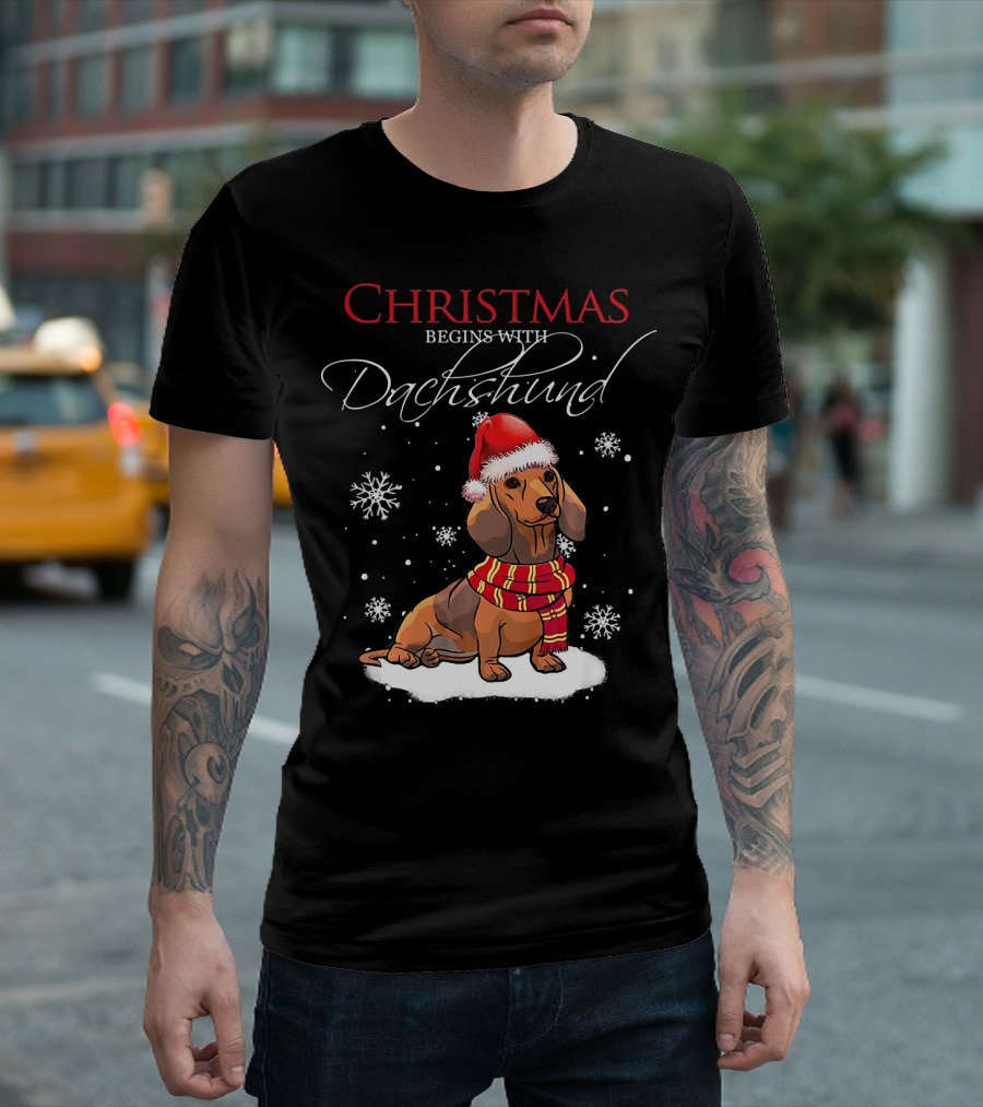 Christmas Begins With Dachshund Santa Hat Scarf Snowflakes T-Shirt
