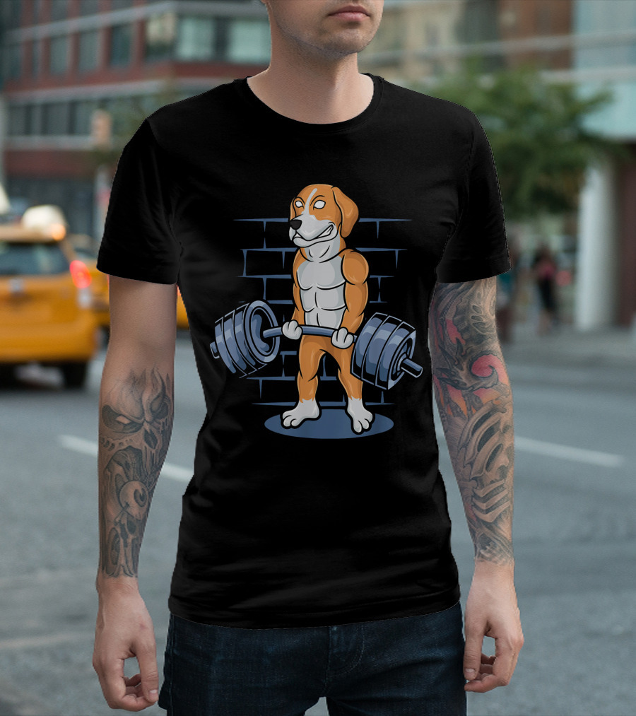 Beagle Lifting Weights Fitness Gym Cartoon T-Shirt