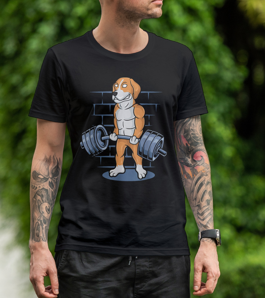 Beagle Lifting Weights Fitness Gym Cartoon T-Shirt