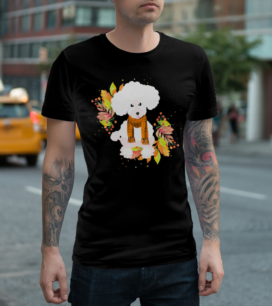 Cute Poodle Dog Autumn Leaves Cozy Scarf T-Shirt