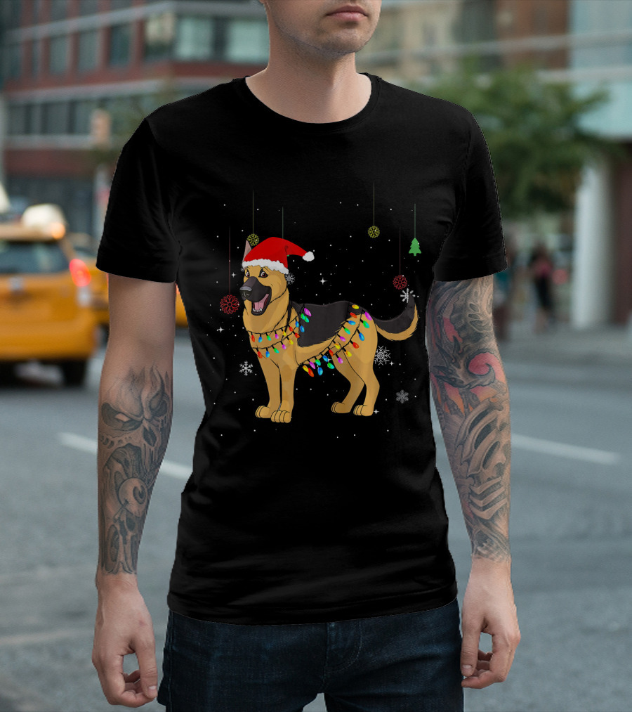 Christmas German Shepherd Dog with Santa Hat and Holiday Lights T-Shirt
