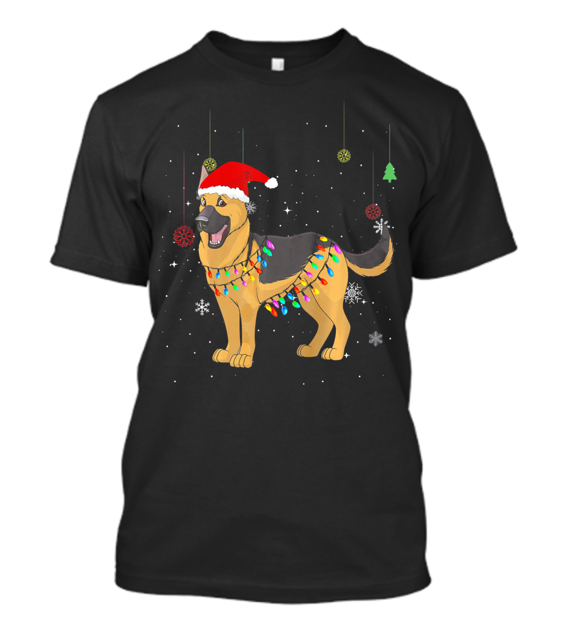 German Shepherd Christmas Santa Hat Festive Lights Snowflakes T-Shirt