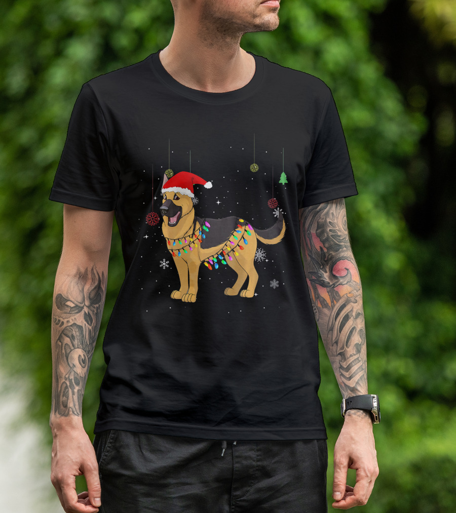 German Shepherd Christmas Santa Hat Festive Lights Snowflakes T-Shirt