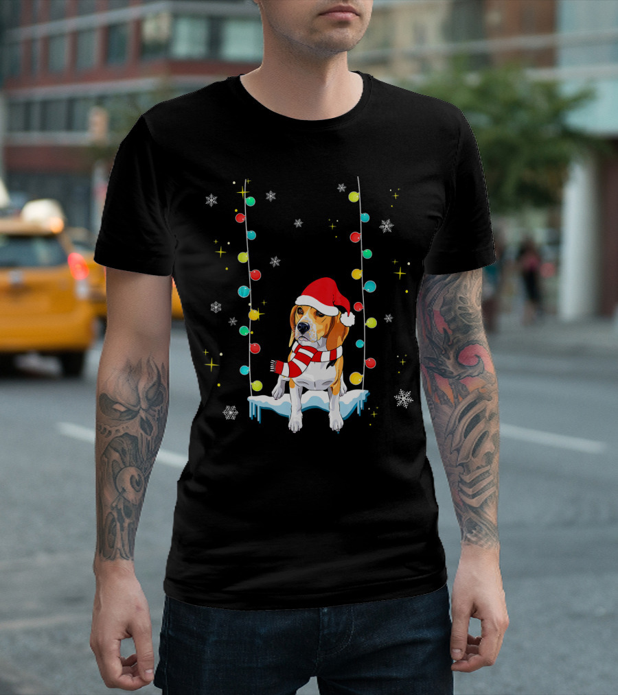 Cute Beagle Dog Santa Hat Lights Christmas Snowflakes T-Shirt