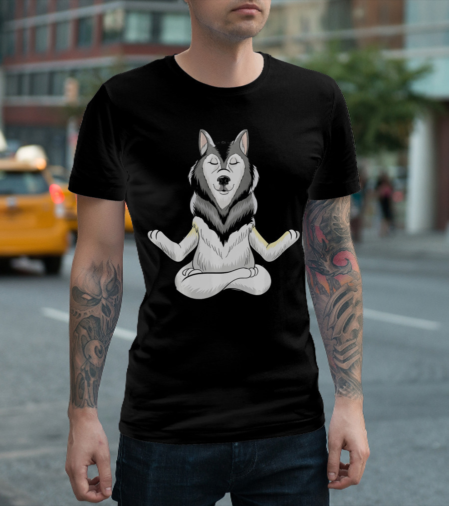 BDAZ Meditating Yoga Husky Dog Cross-Legged Lotus Pose T-Shirt