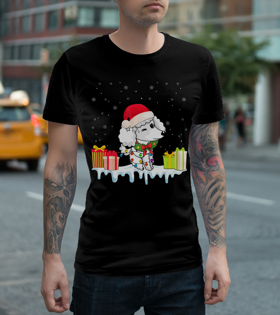 Cute Poodle Christmas Santa Hat Present Winking Snowflakes T-Shirt
