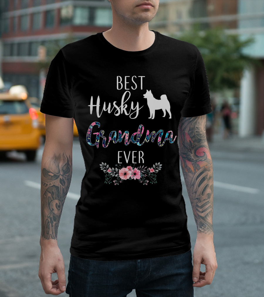 BEST HUSKY GRANDMA EVER SILHOUETTE FLORAL PATTERN FLOWERS T-Shirt