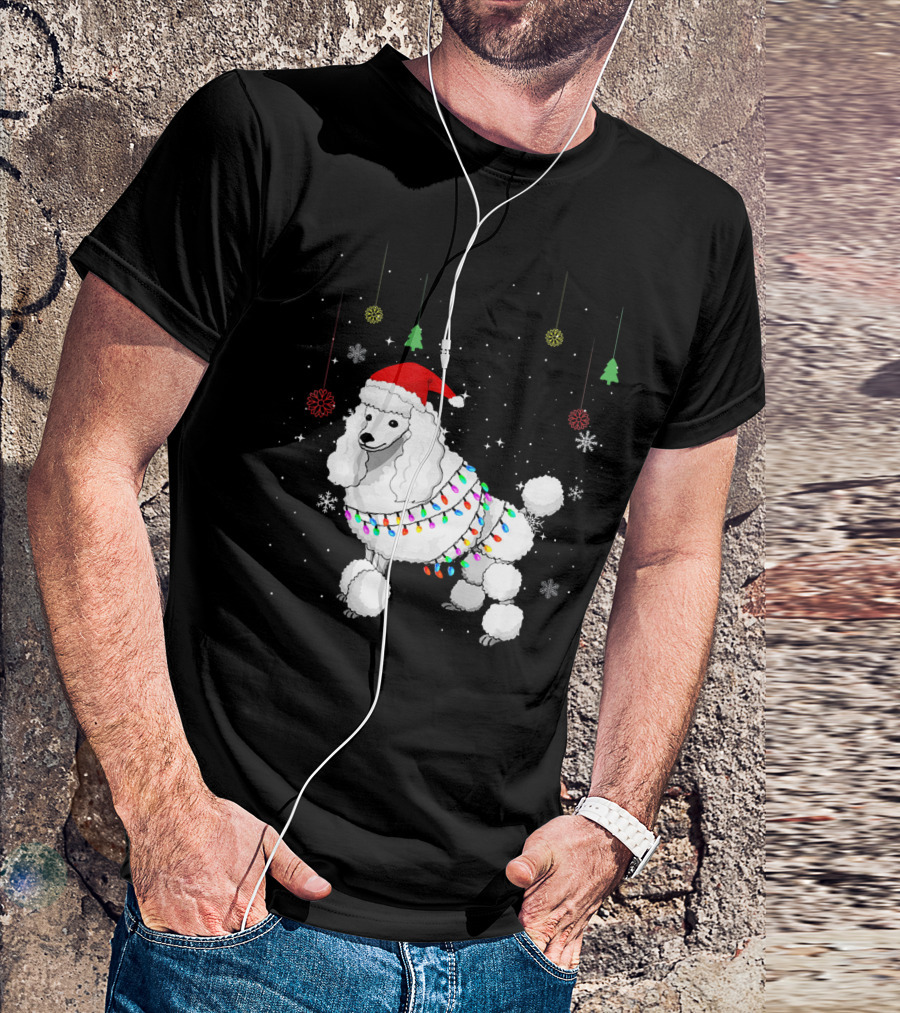Cute Standard Poodle Christmas Dog With Santa Hat And Holiday Lights T-Shirt