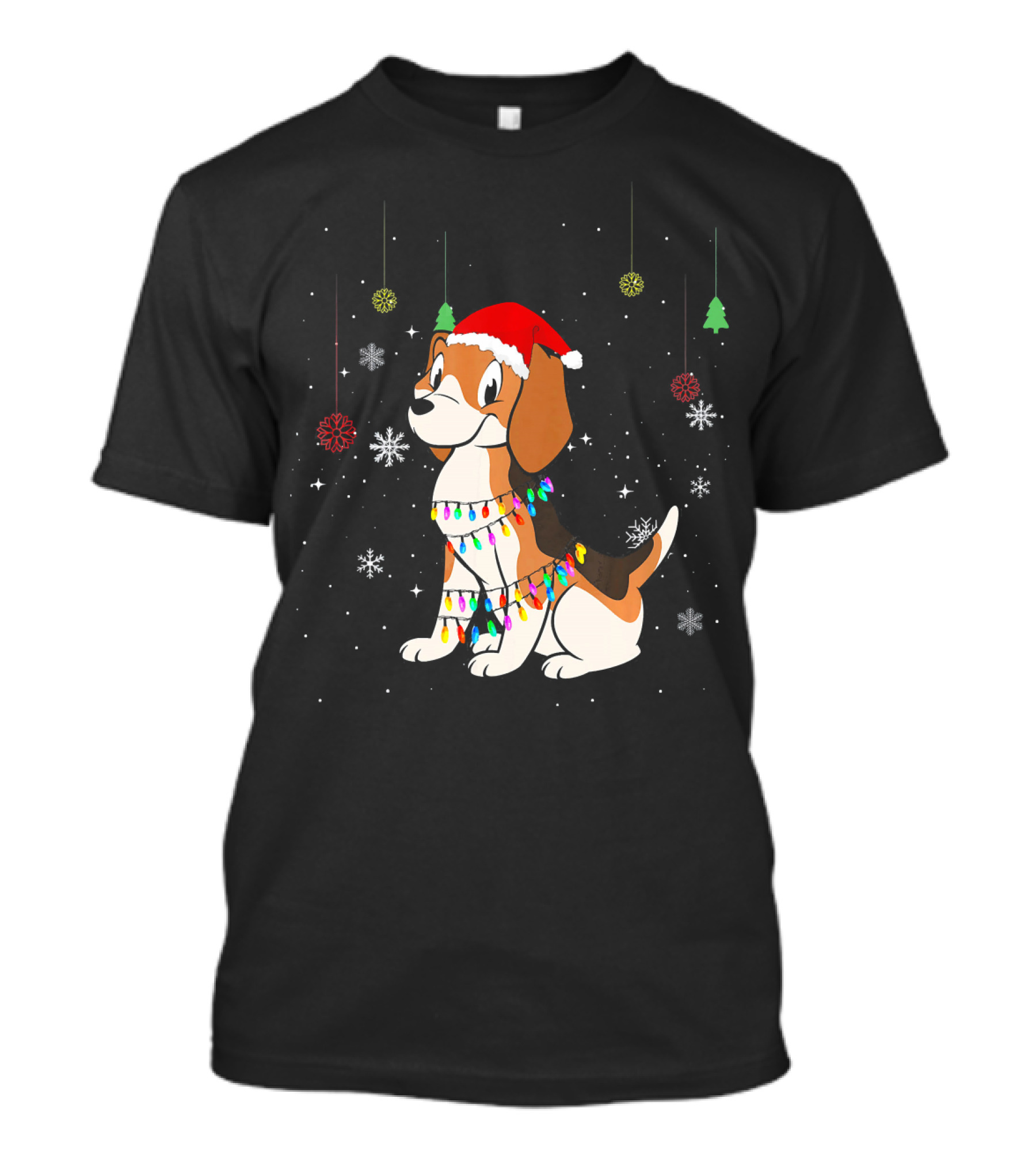 Cute Beagle Christmas Hat Festive Dog With Lights And Snowflakes T-Shirt