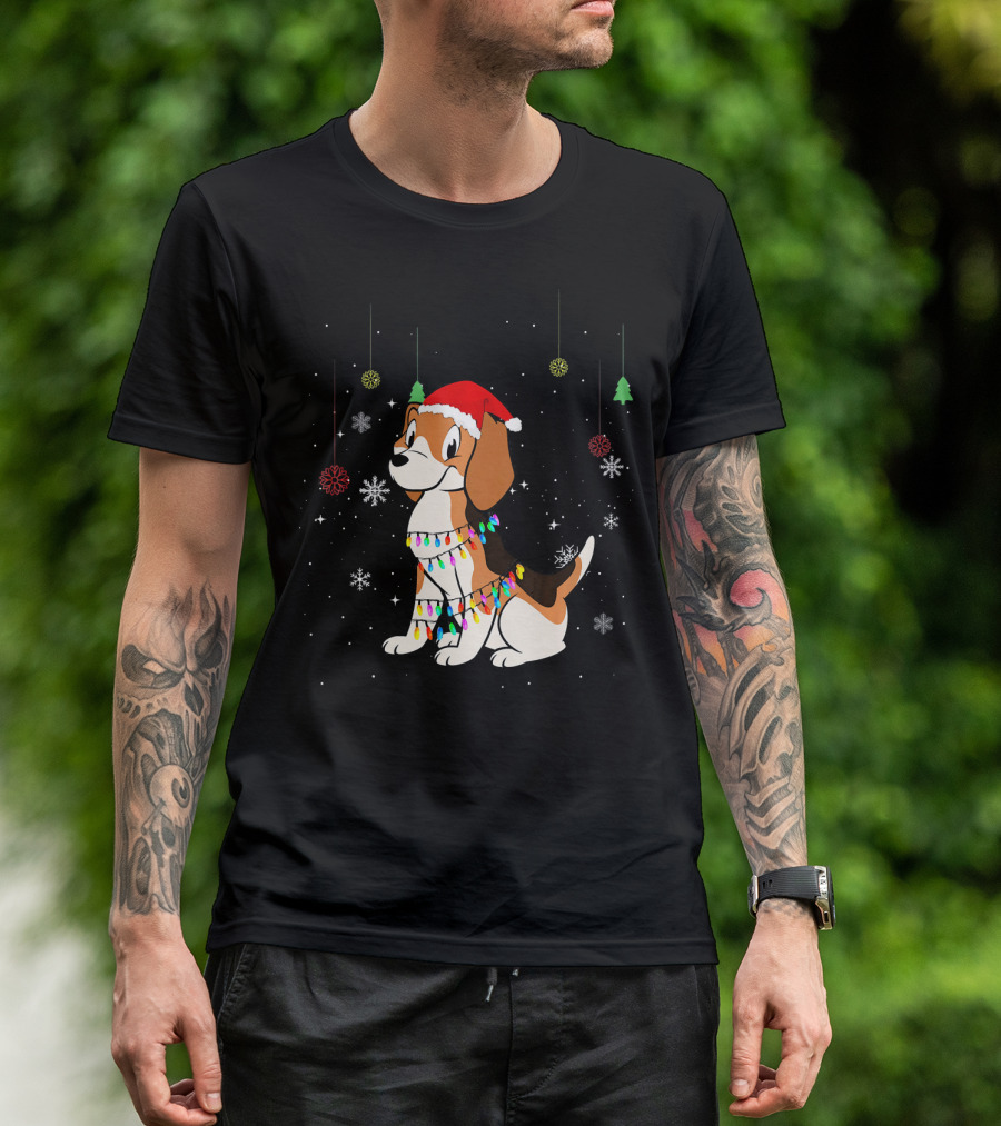 Cute Beagle Christmas Hat Festive Dog With Lights And Snowflakes T-Shirt
